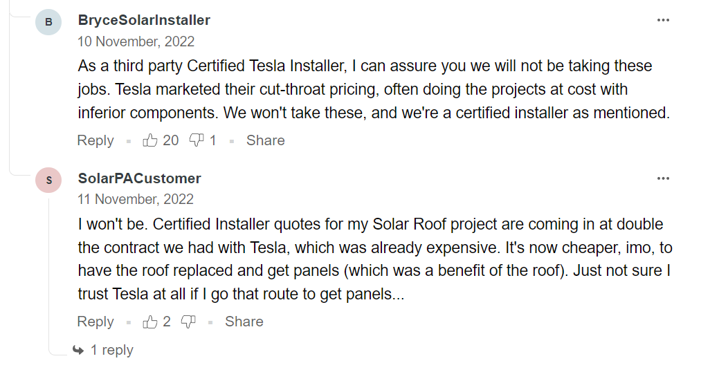 comments by third party tesla installers