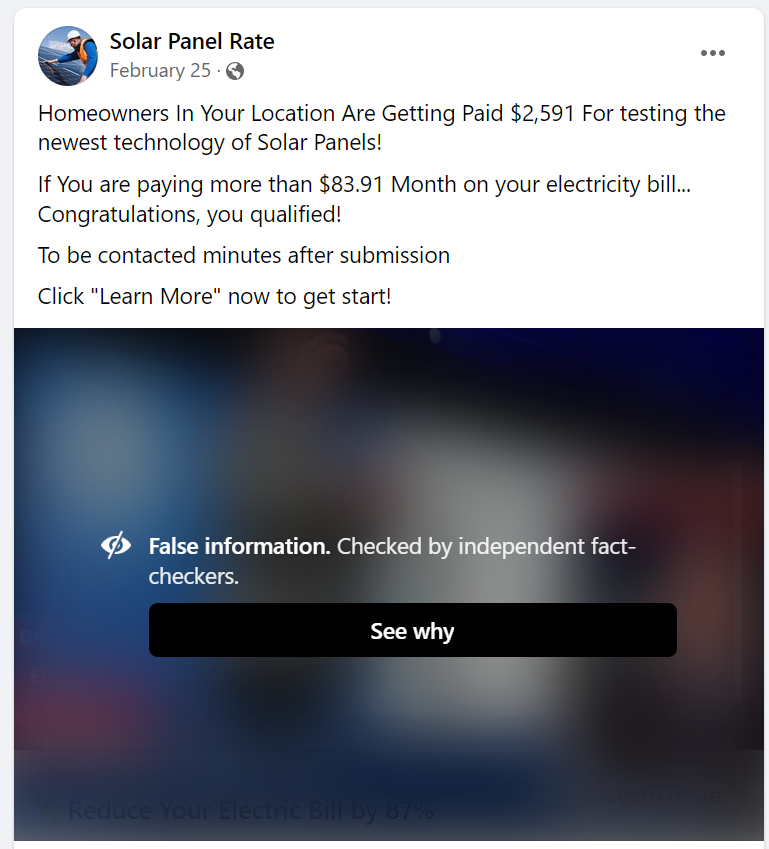 Facebook page falsely advertising tesla solar panels for free