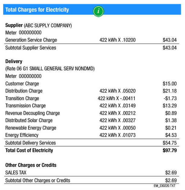 example utility bill with itemized charges for electricity