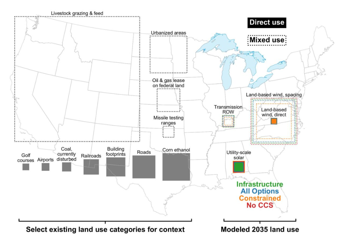 US map depicting the land use of various industries and energy sources